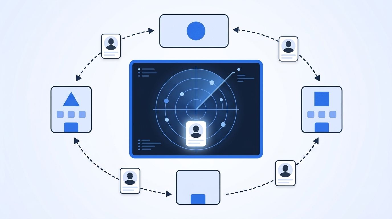 A radar-style watcher dashboard showing researcher profile cards moving between AI lab building icons with entry and exit arrows
