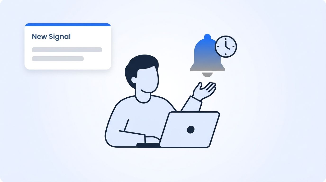 Sales rep watching a prospecting alert notification fade from blue to gray as a clock ticks beside it, illustrating a trigger signal going stale before the rep acts