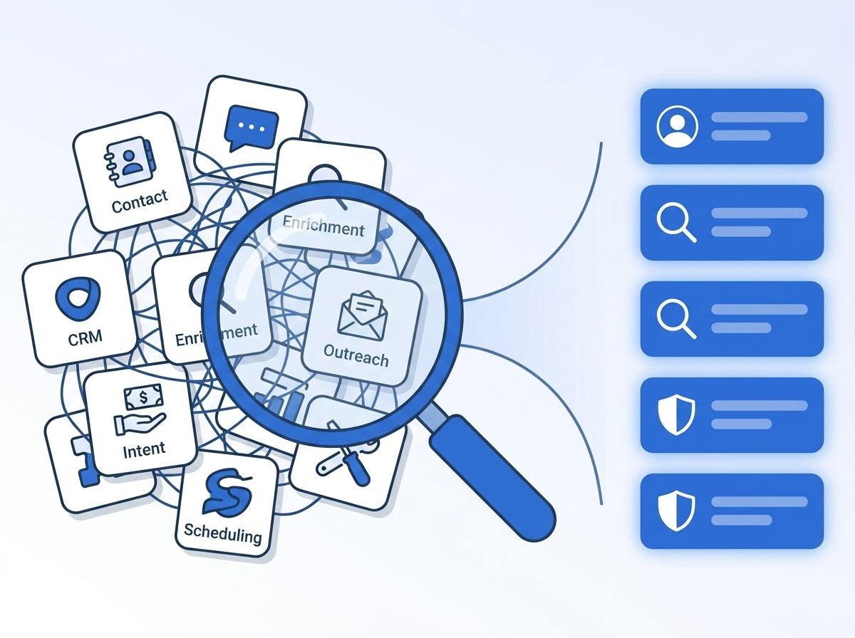 A cluttered grid of overlapping CRM, enrichment, outreach, intent, and scheduling tool icons being funneled through a magnifying glass into five consolidated tools