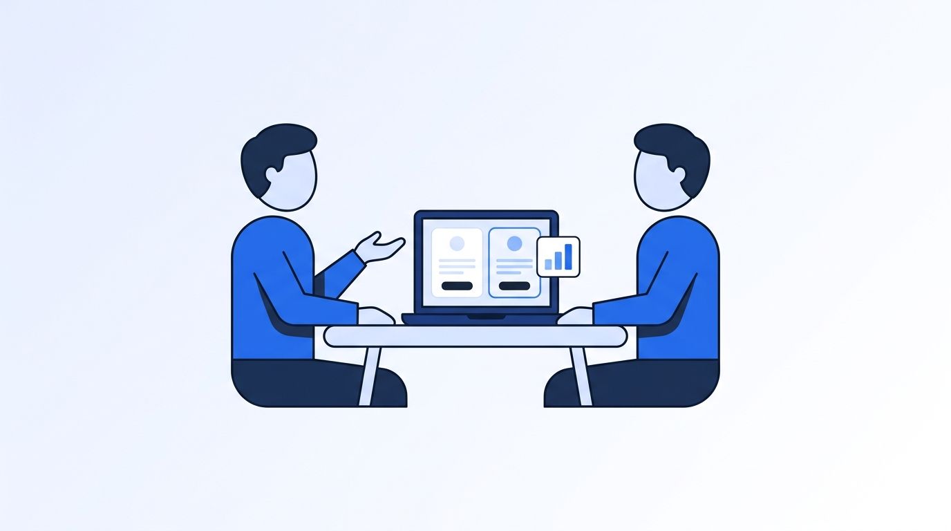 Two professionals negotiating a data vendor contract across a table, with a pricing dashboard on a laptop screen between them