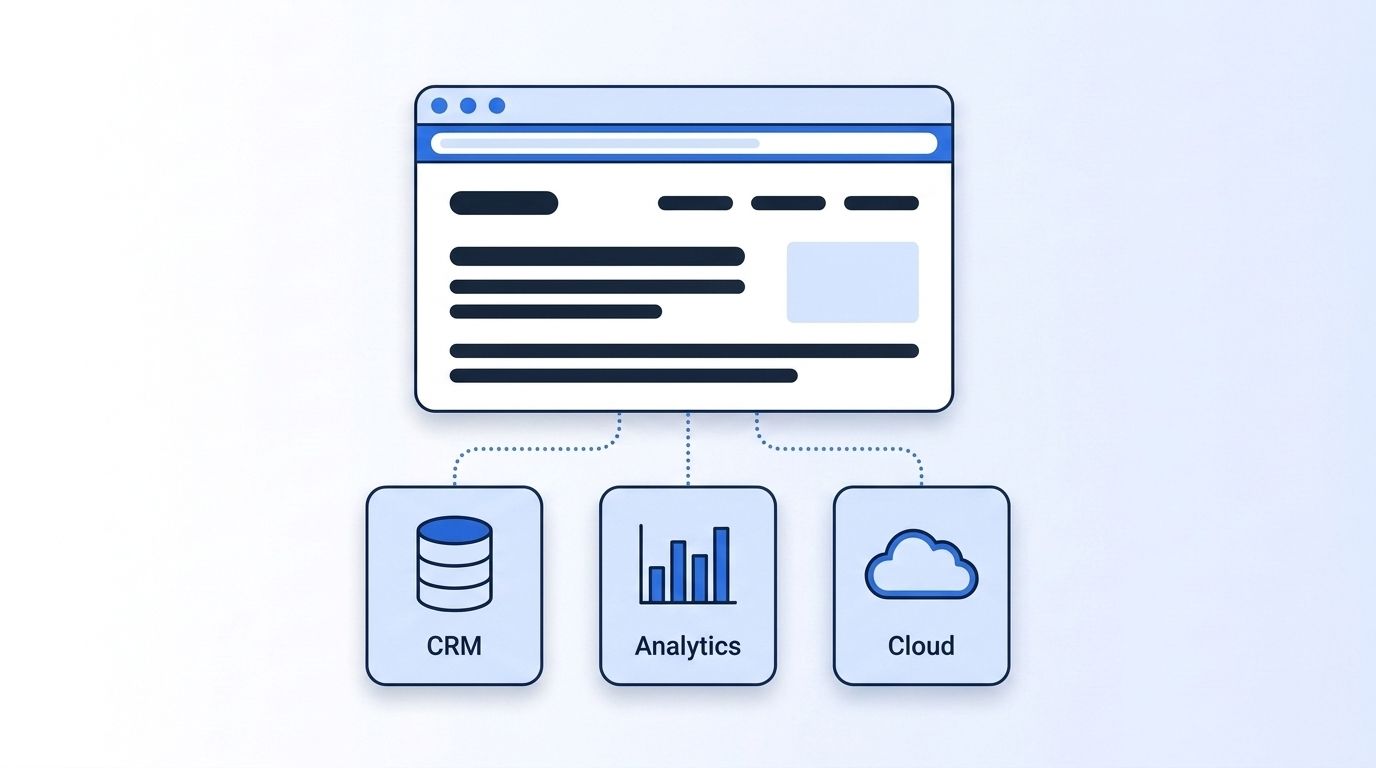 Flat vector illustration of a website being scanned for its CRM, analytics, and cloud technology stack
