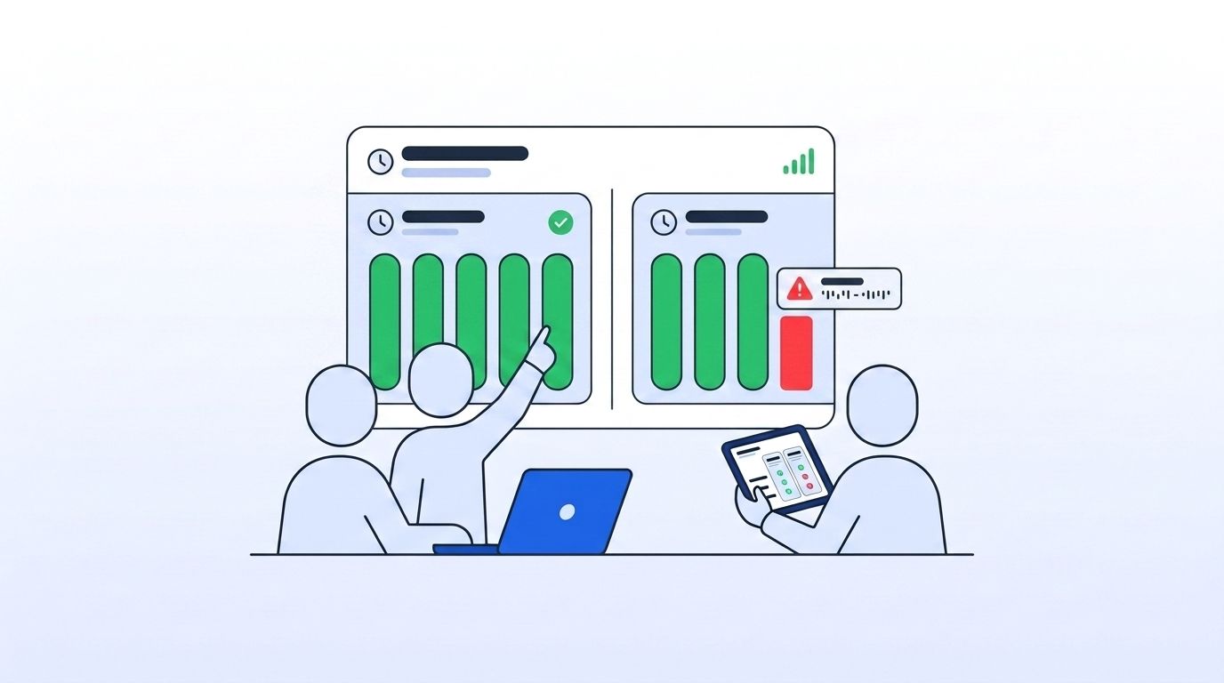 A split-screen API status dashboard showing steady green uptime bars next to a red downtime alert with a timestamp