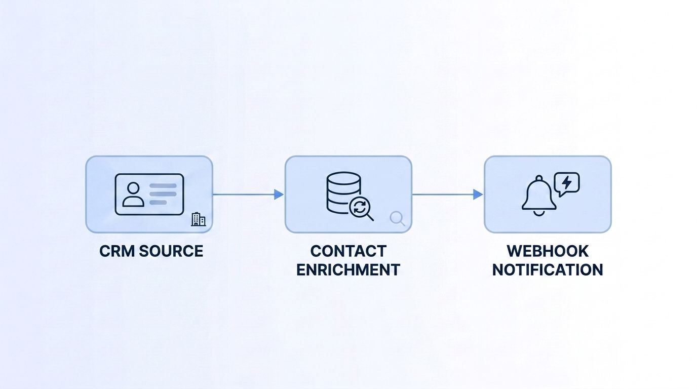 A workflow canvas showing connected nodes for a CRM, an enrichment API, and a signal webhook, representing GTM automation orchestration