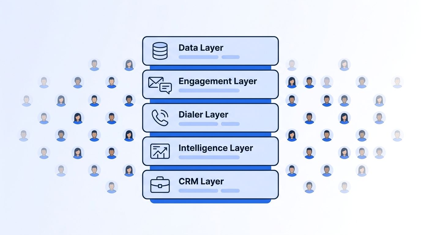 Five-layer sales tech stack diagram — data, engagement, dialer, intelligence, and CRM — surrounded by a 200-person SDR team