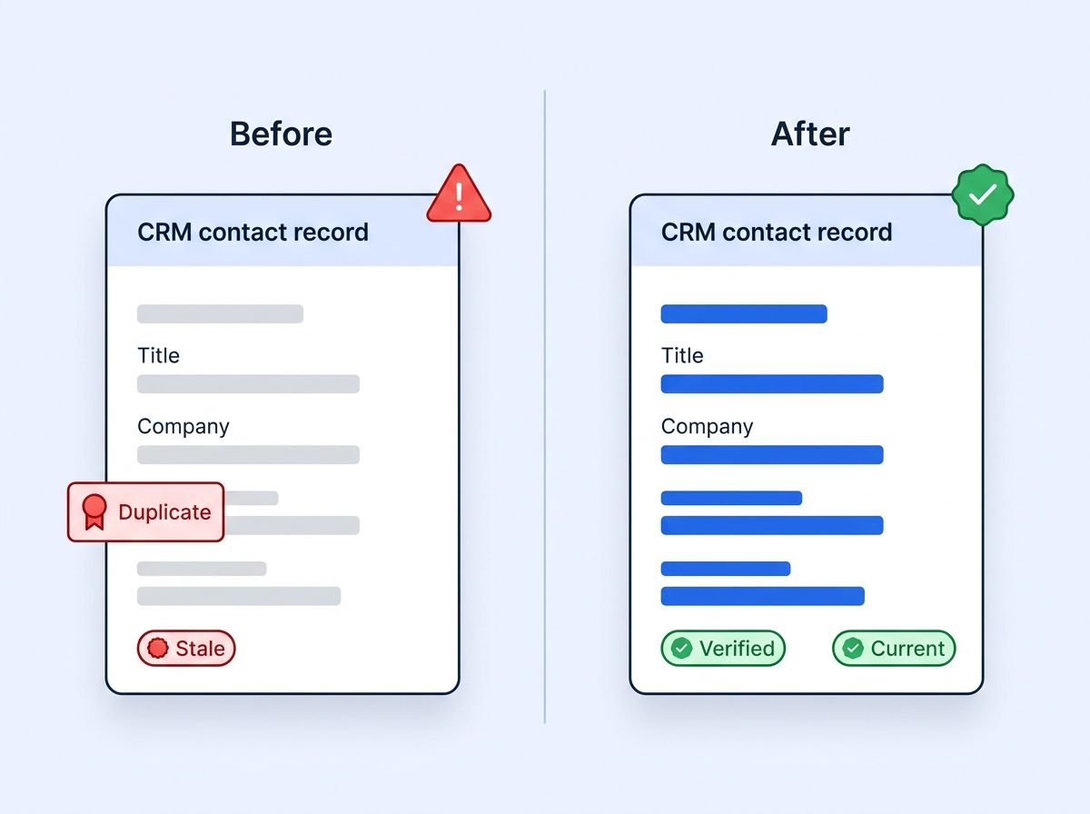 Split-screen comparison of a messy CRM contact record with duplicate and stale flags versus a clean, verified CRM record
