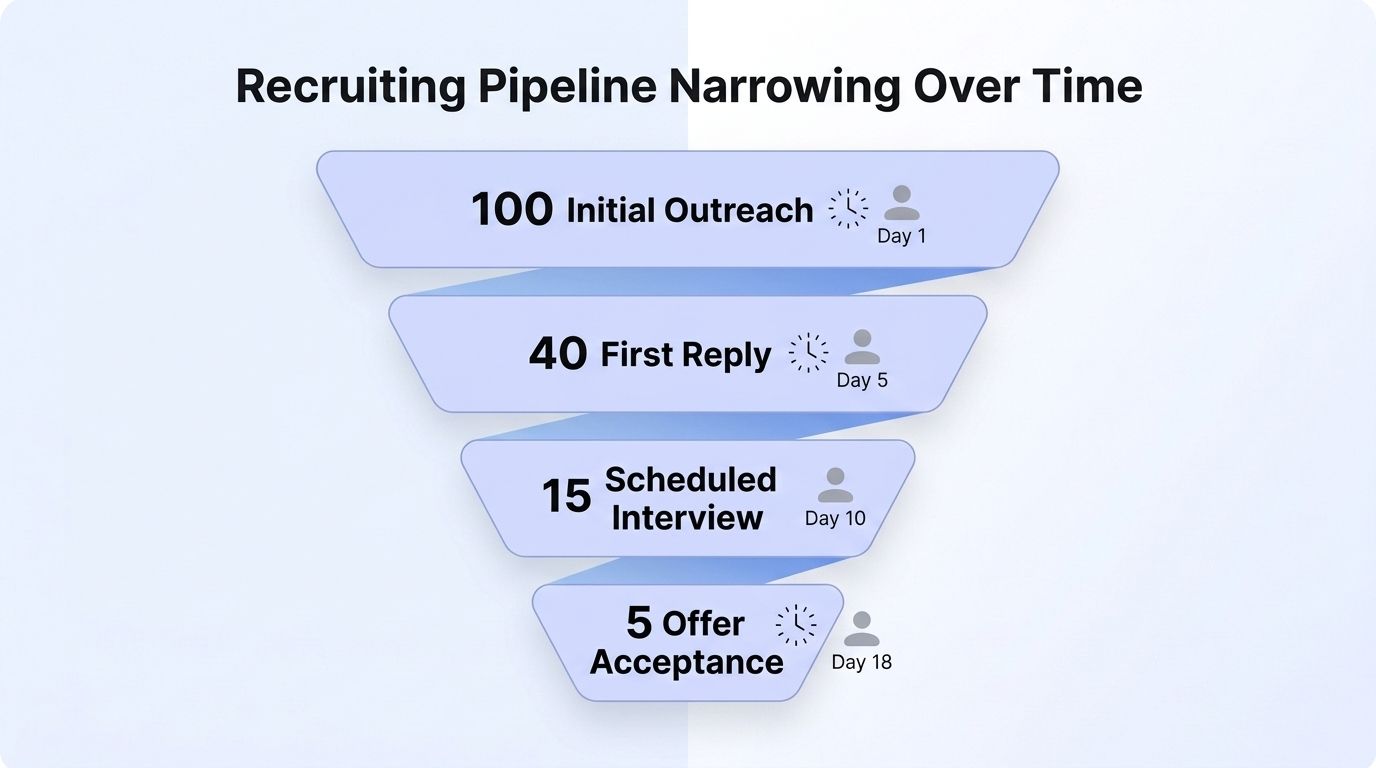 Funnel diagram showing recruiting stages from first outreach to offer acceptance getting slower at each step