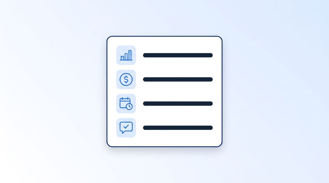 Checklist card with icons for usage data, budget ceiling, timeline, and a competing quote to prepare for a sales intelligence contract negotiation