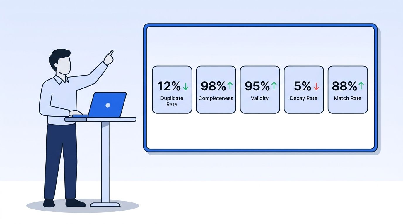 RevOps leader reviewing a monthly data quality scorecard dashboard with metric tiles for completeness, duplicates, and validity