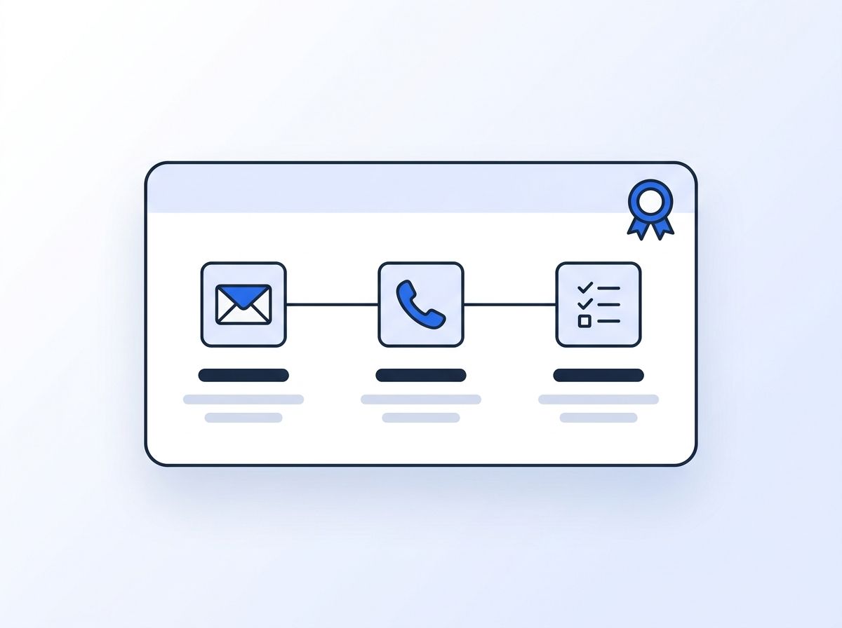 Sales sequence builder UI card with connected email, call, and task steps and an analyst award badge