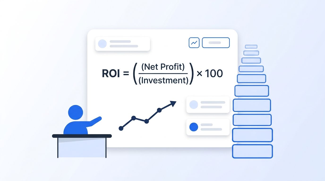 Flat vector illustration of a dashboard showing an ROI formula next to a shrinking stack of database records
