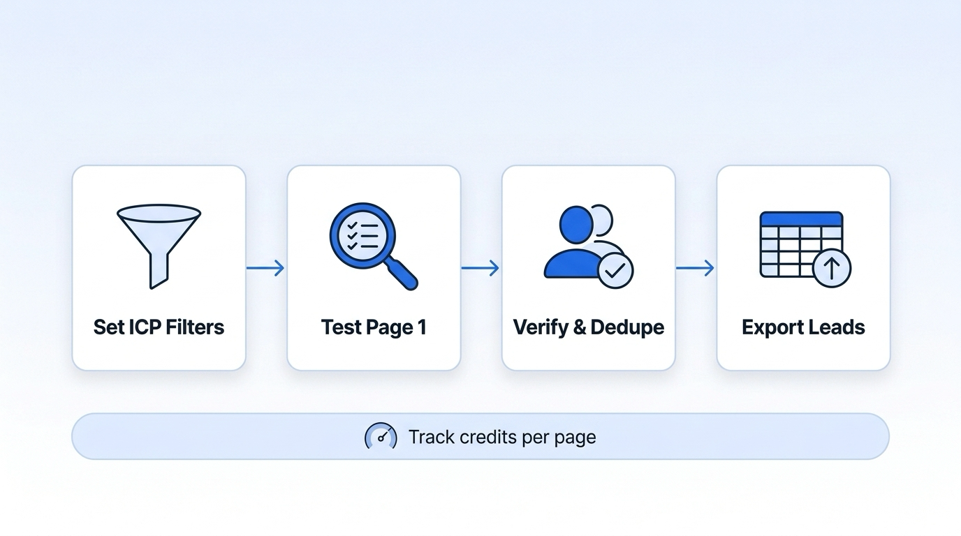 Four-step workflow: set ICP filters, test page 1, verify and dedupe, export leads, while tracking credits per page