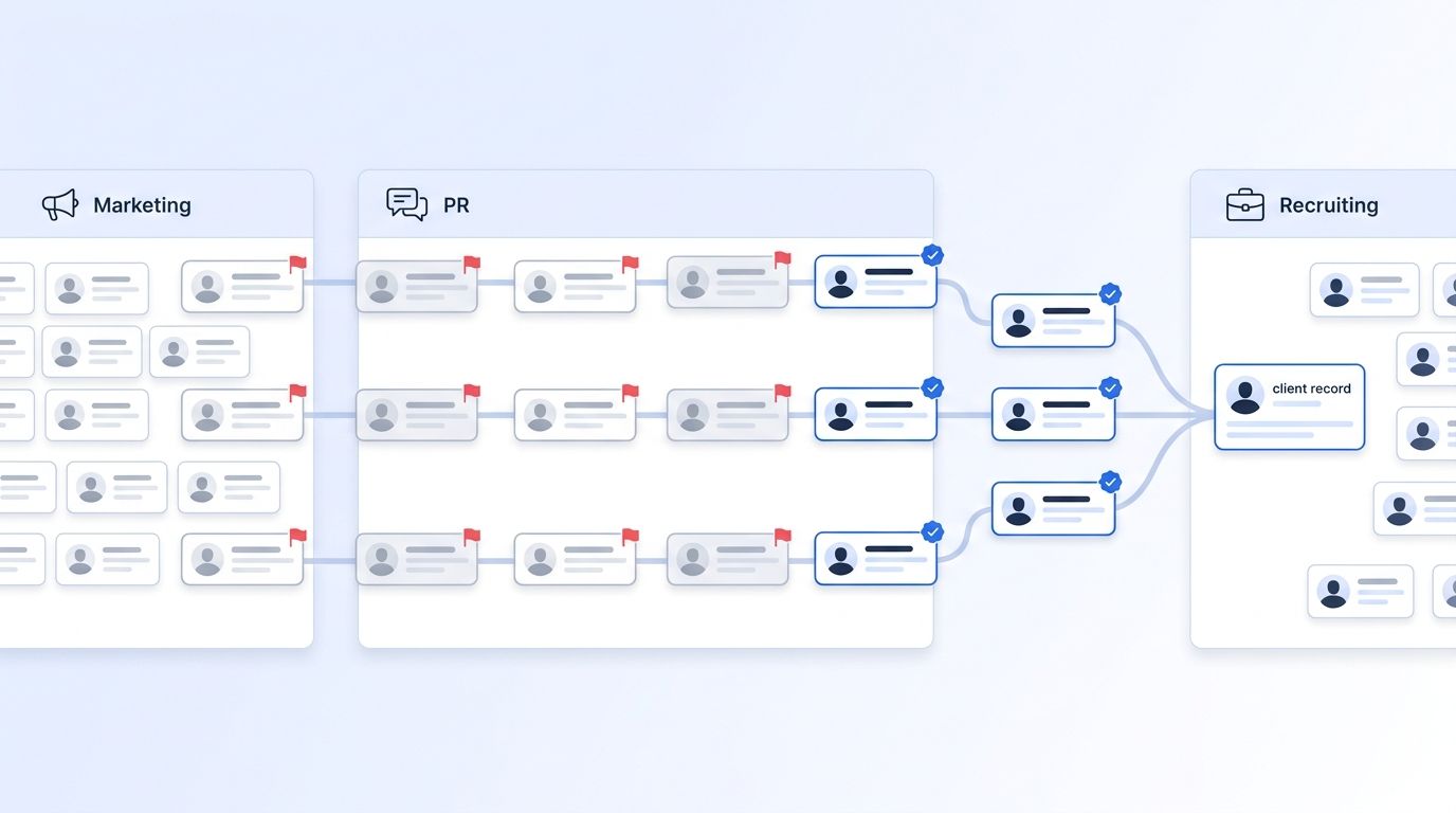 Illustration of an agency dashboard cleaning and verifying client contact records from three separate campaign streams