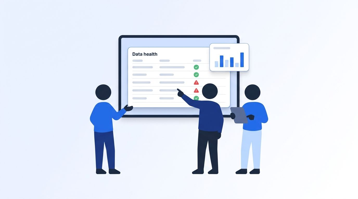 Flat vector illustration of a data quality team reviewing a dashboard of clean and dirty data records