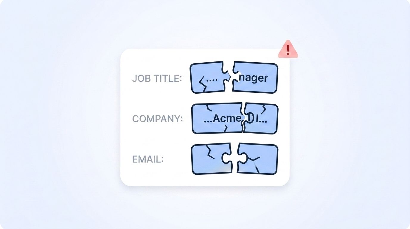 CRM contact record card with job title, company, and email fields rendered as broken puzzle pieces next to a red warning triangle, illustrating incomplete data behind a trigger alert