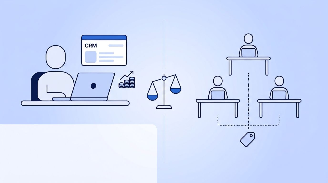 Split illustration comparing an in-house data analyst desk against an outsourced team of desks, divided by a balance scale