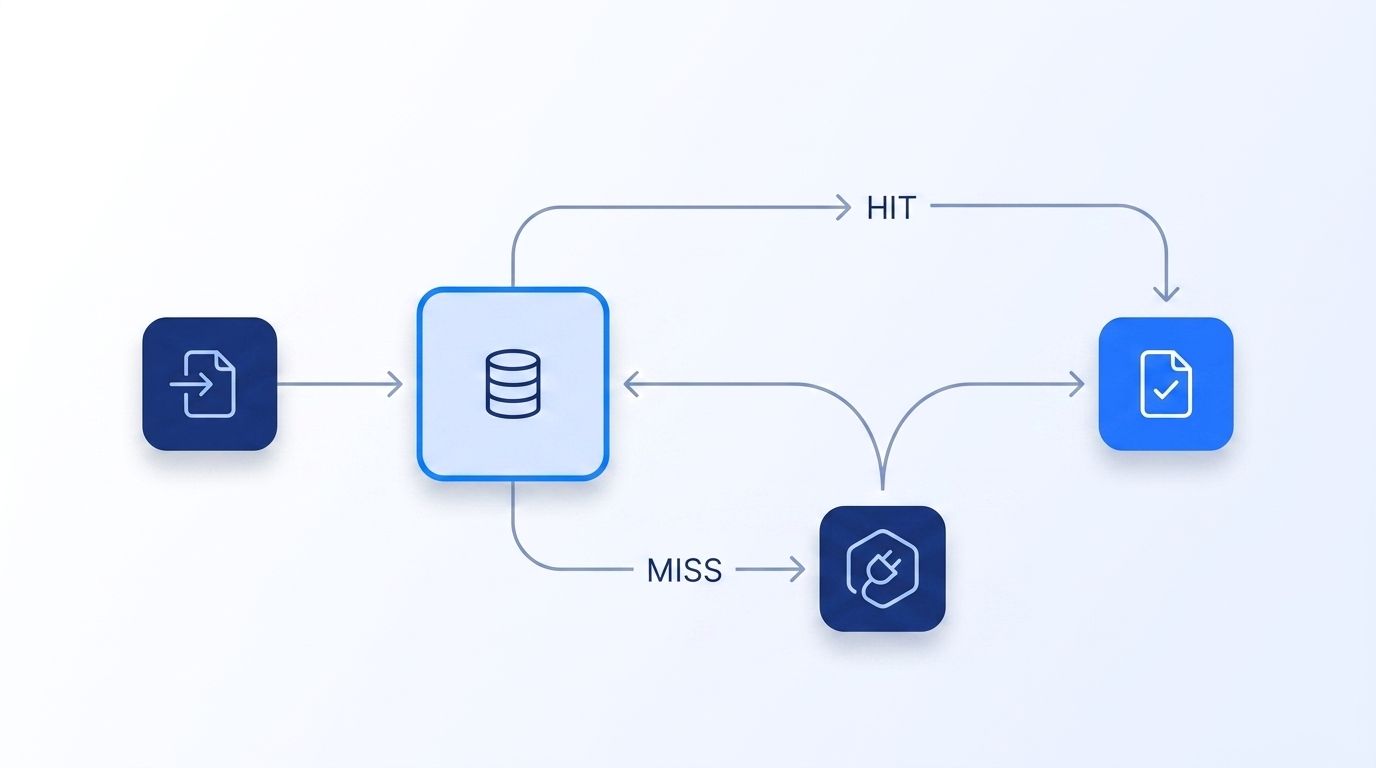 Flat vector diagram of a cache-aside pattern, showing a request checked against the cache first, with a hit path returning instantly and a miss path routing to the enrichment API before being written back to the cache