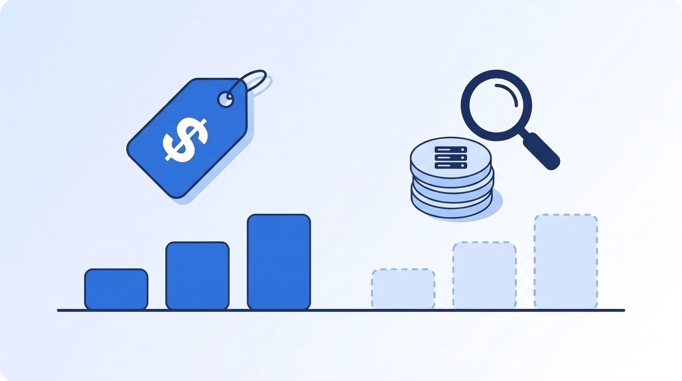 Illustration contrasting a dollar-sign price tag with a stack of credit tokens on a pricing-tier scale, a magnifying glass over the tokens representing the lack of a public dollar conversion rate