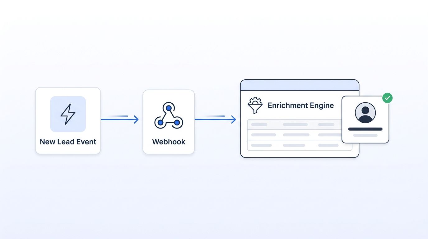 Flat 2D illustration of a lead-created event triggering a webhook that flows into an enrichment engine, producing a completed profile card