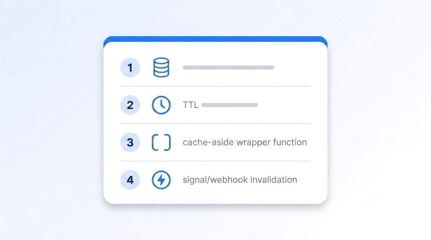 Checklist card showing the four build steps for a minimal enrichment cache: key-value store, TTL table, cache-aside wrapper, and signal-based invalidation