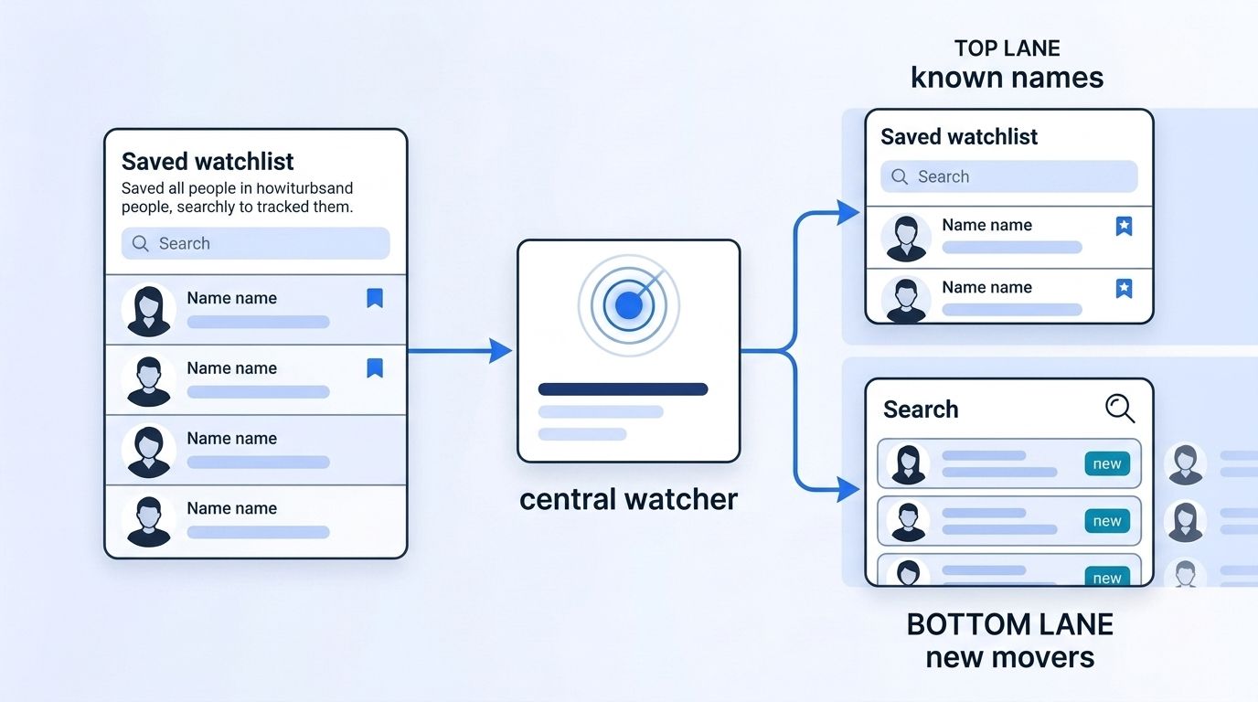 Two-track watcher diagram: a saved watchlist feeds a central watcher that splits into a top lane tracking known names and a bottom lane surfacing new movers