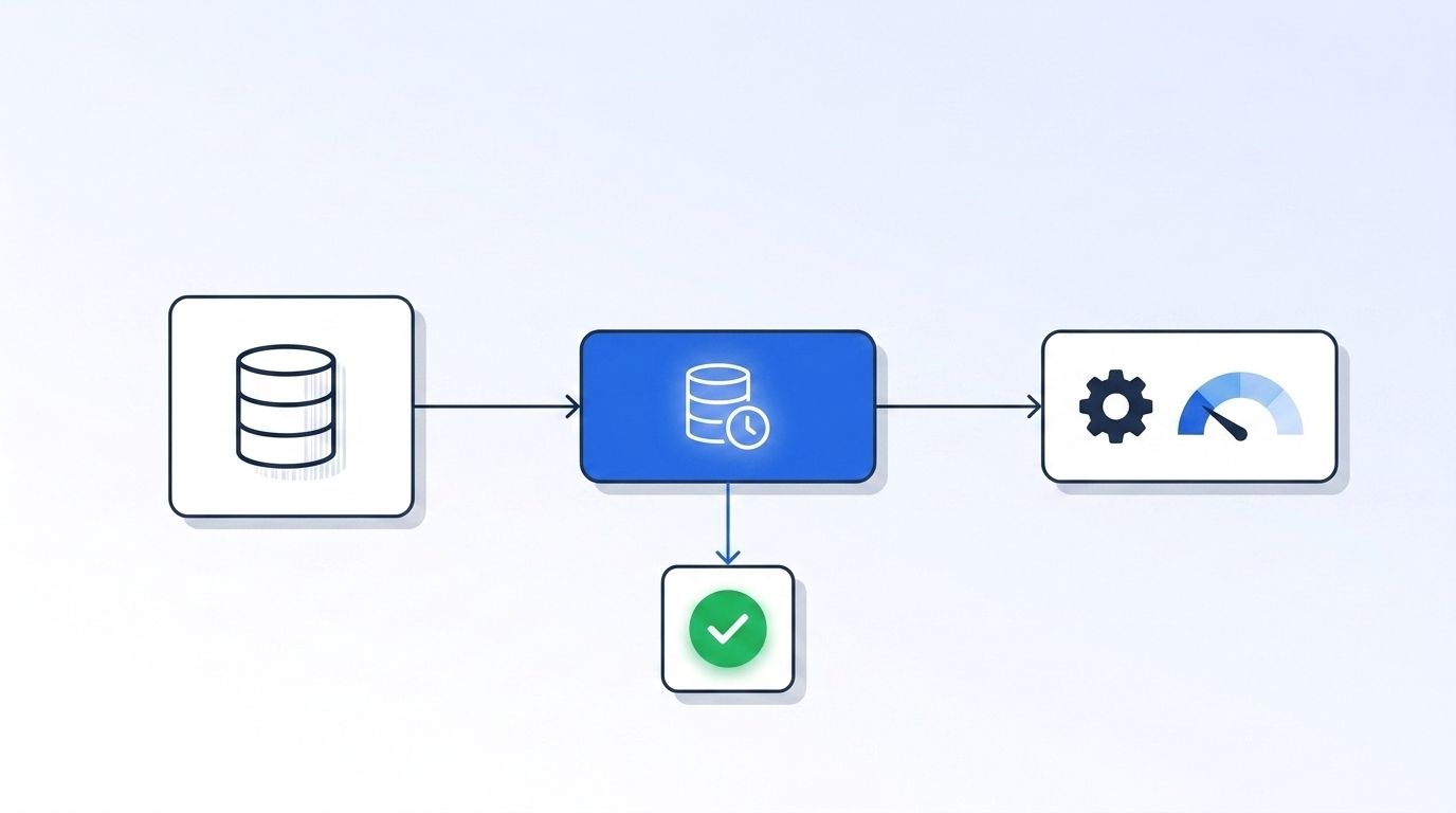 A flat vector diagram showing a pipeline where repeated enrichment API calls are intercepted by a blue cache layer before reaching the API, with a cost meter dropping on the right