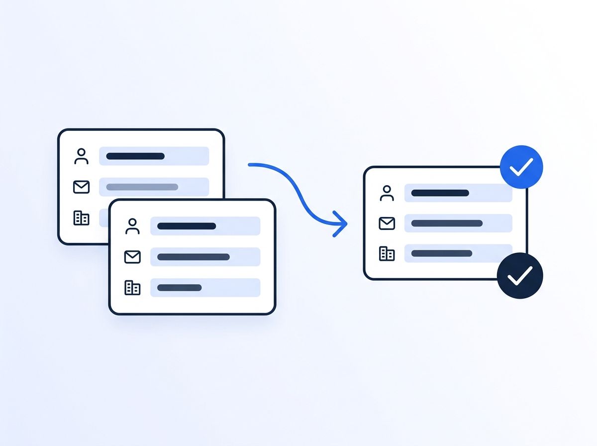 Two overlapping CRM contact cards merging into a single clean card with a checkmark, representing duplicate record consolidation