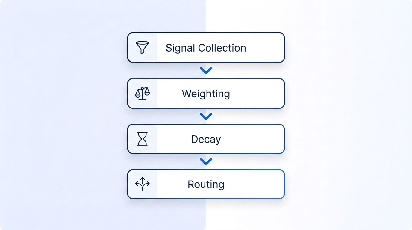 A four-layer lead scoring model architecture diagram showing signal collection, weighting, decay, and routing stages connected by arrows