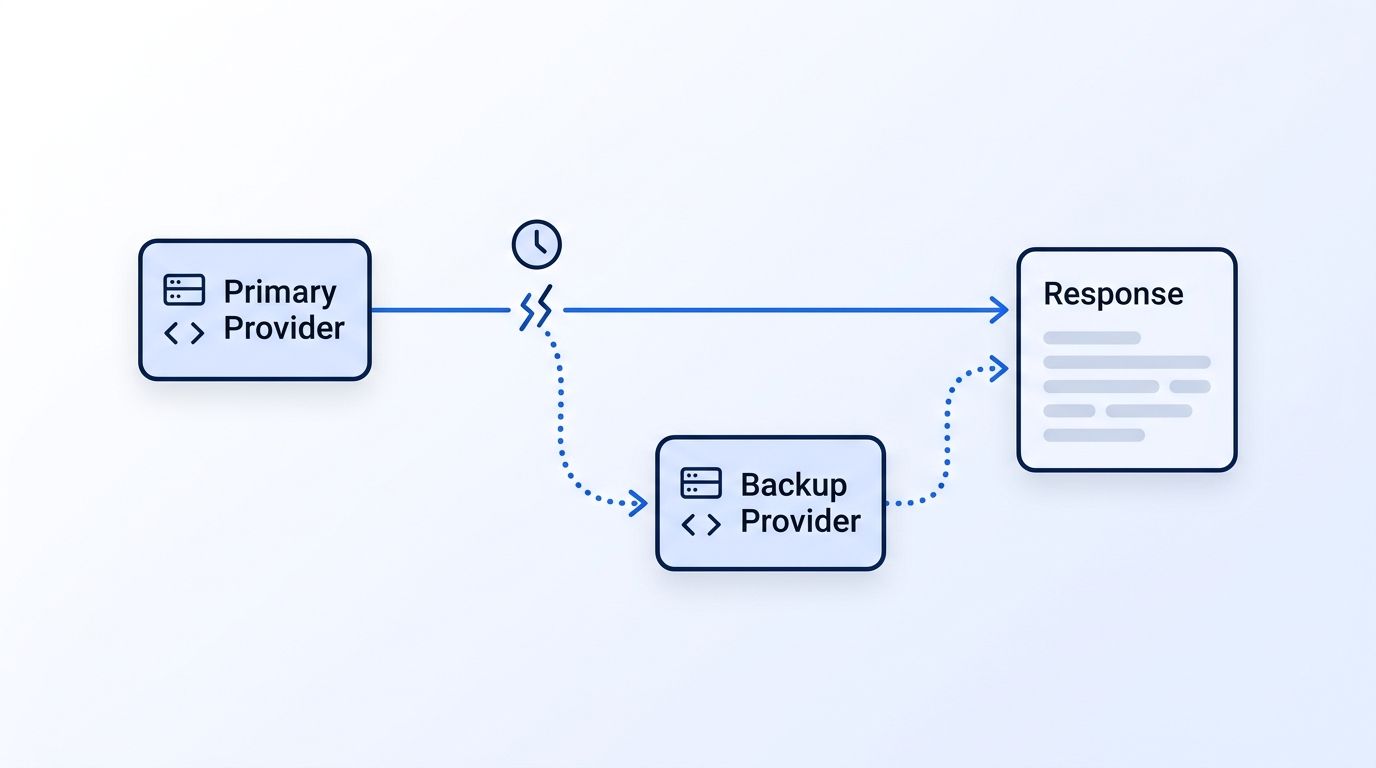 Illustration of a primary API provider's connection failing over to a backup provider via a latency-triggered reroute