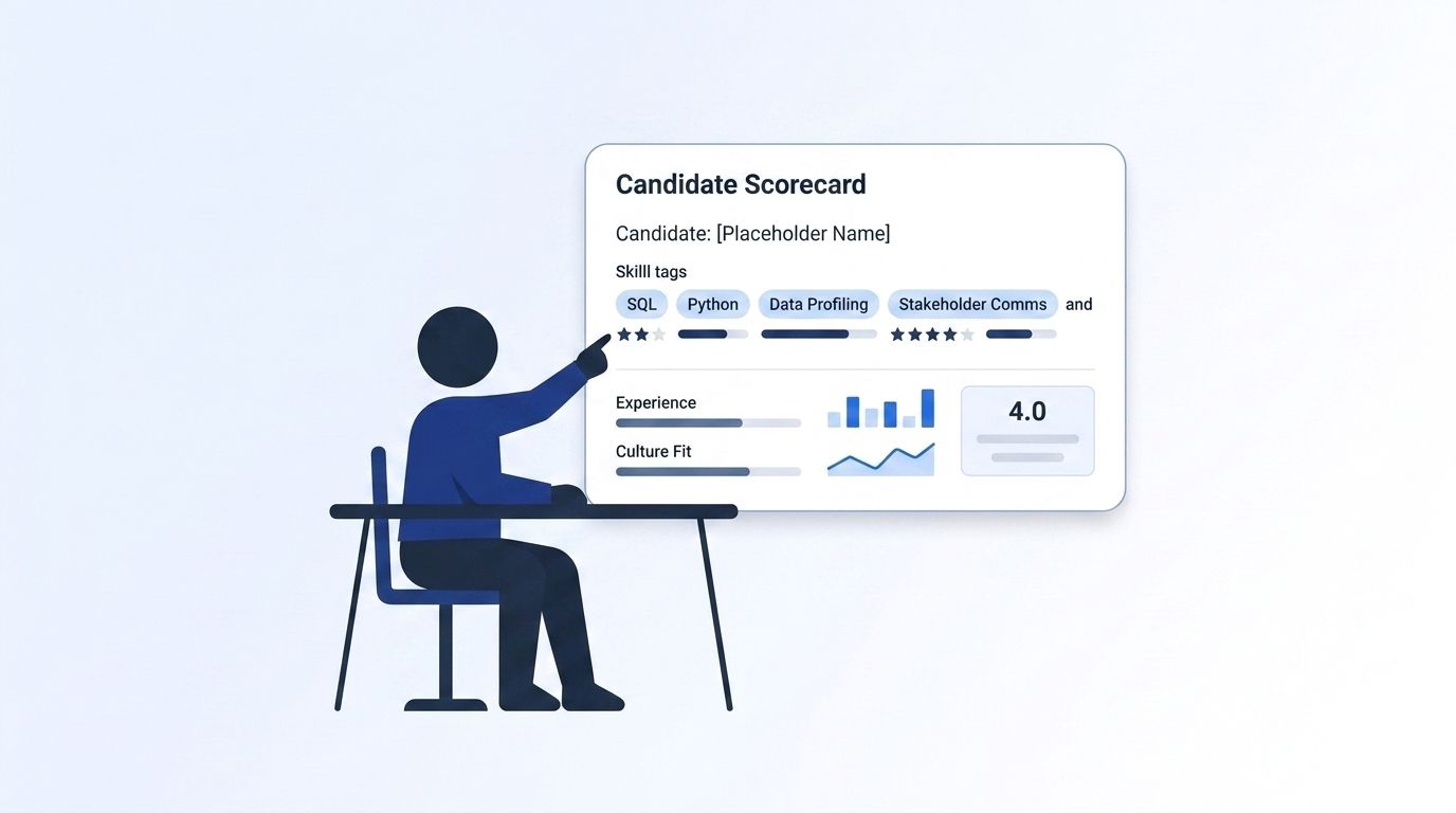 Hiring manager reviewing a candidate scorecard with SQL, Python, data profiling, and stakeholder communication skill tags