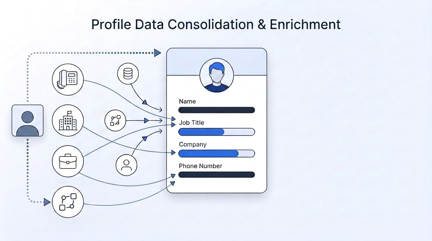 A professional profile transforming into structured job title and company data that flows into a HubSpot company record