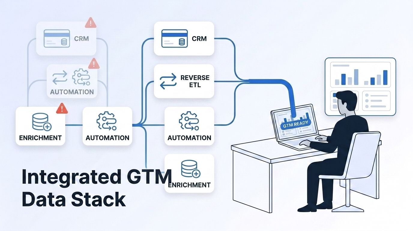A flat vector illustration of a four-layer GTM data stack diagram showing enrichment, automation, reverse ETL, and CRM bands connected by data flow lines into a dashboard