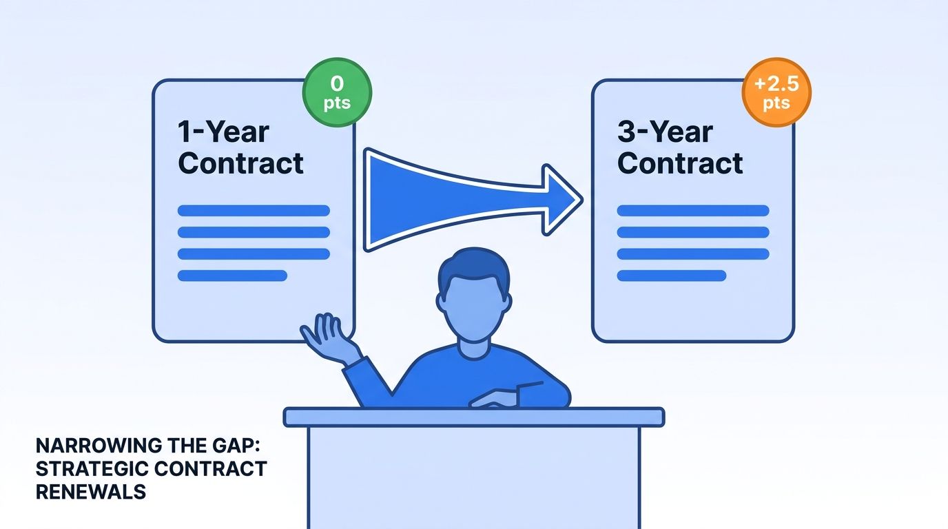 A negotiation table illustration showing a 1-Year contract document and a 3-Year contract document side by side, connected by a shrinking arrow representing the narrowing discount gap between them