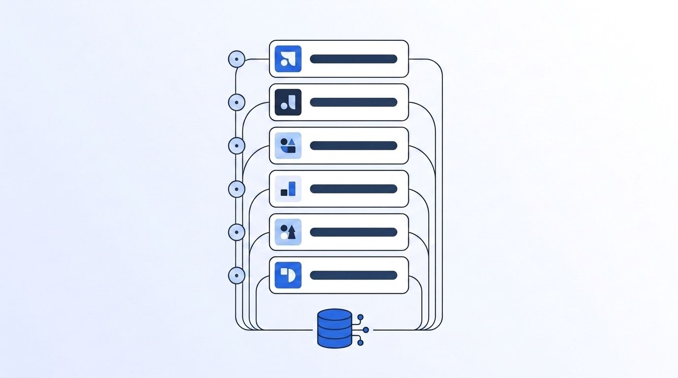 Six AI SDR platform cards ranked in a column, each fed by connecting lines from a real-time data layer icon