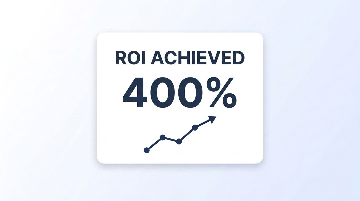 Dashboard card showing a 400% ROI achieved figure with an upward trend line, illustrating a completed data quality investment calculation