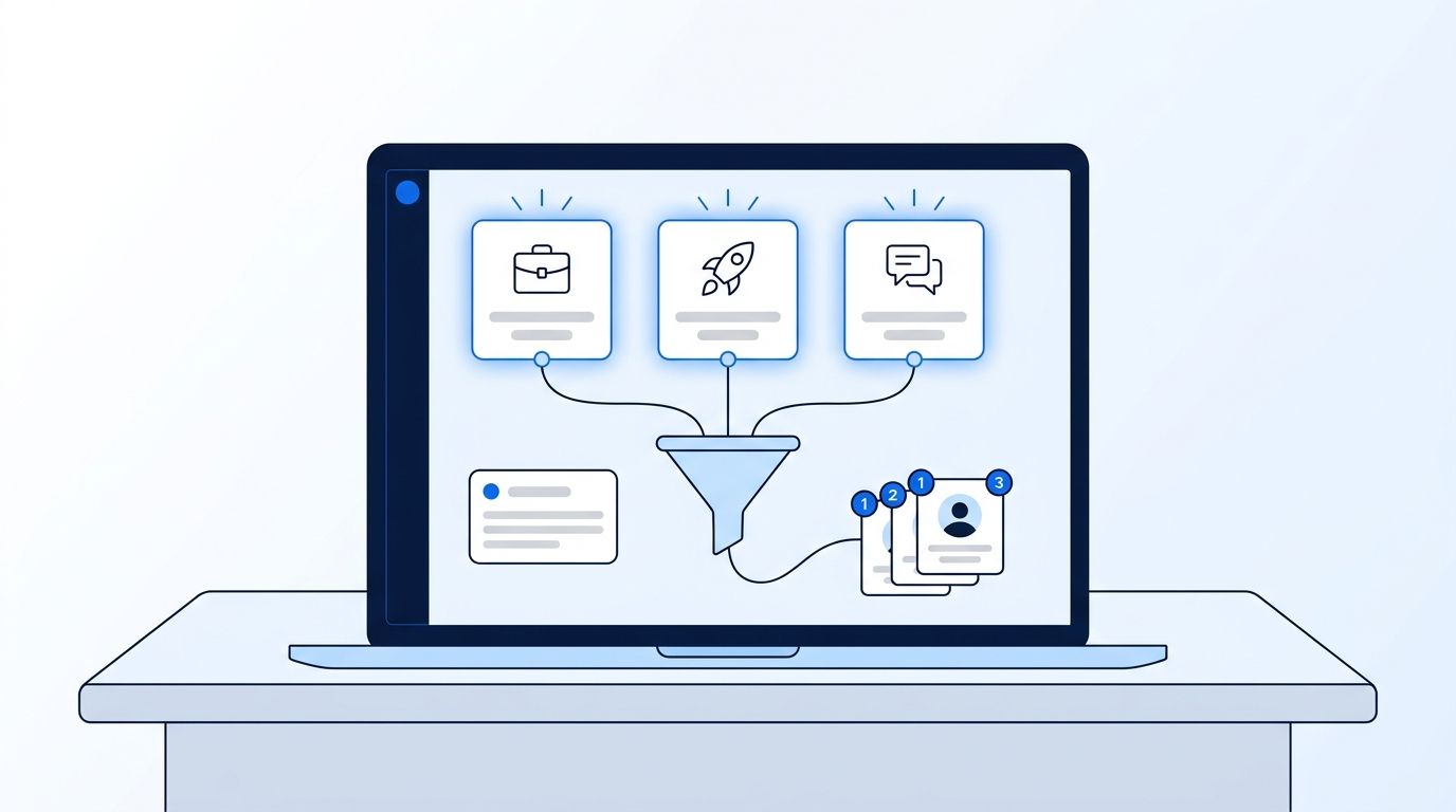 Flat 2D illustration of a GTM engineer's dashboard showing job-change, funding, and engagement signal cards flowing into a scored lead pipeline