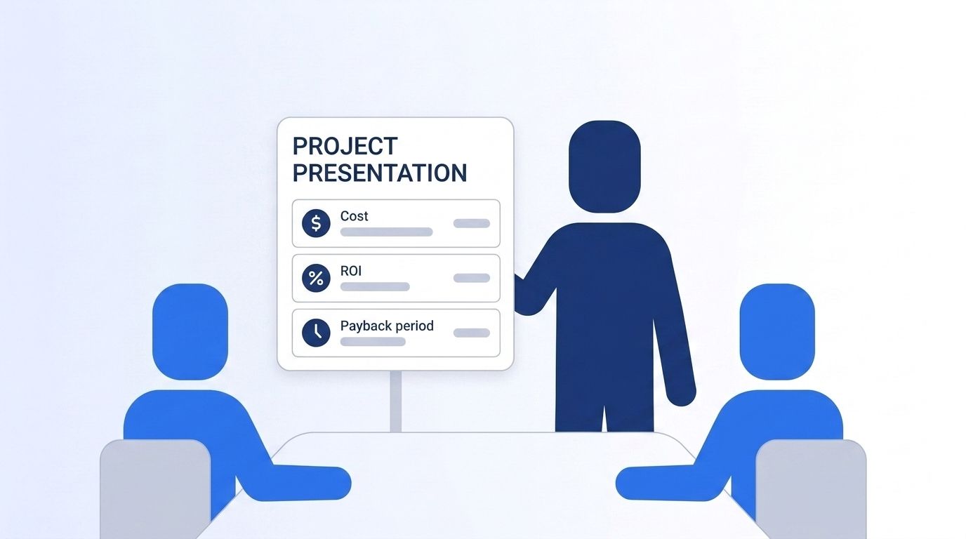 Presenter illustration showing a three-number ROI slide — annual cost, ROI percent, and payback period — pitched to two stakeholders