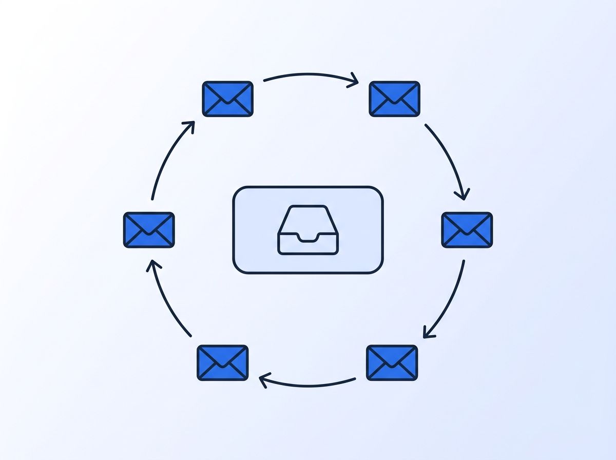 Six email inbox icons rotating around a central shared inbox pool hub to illustrate automated rotation