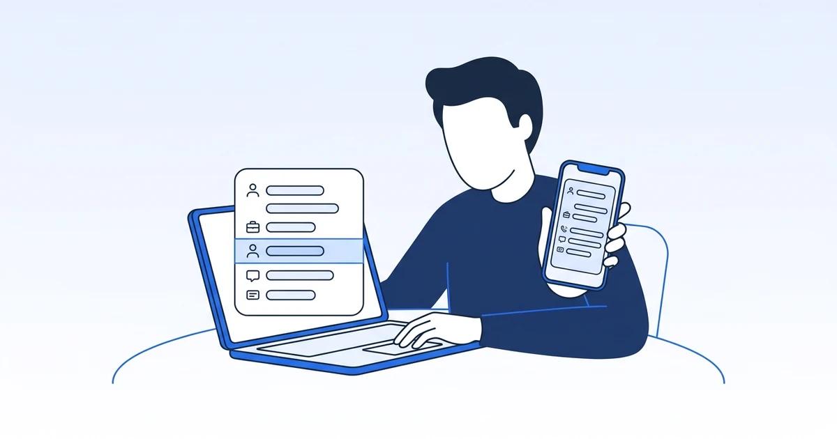 A sales professional checking contact details on a laptop and phone, representing the gap between CRM records and a prospect's current information