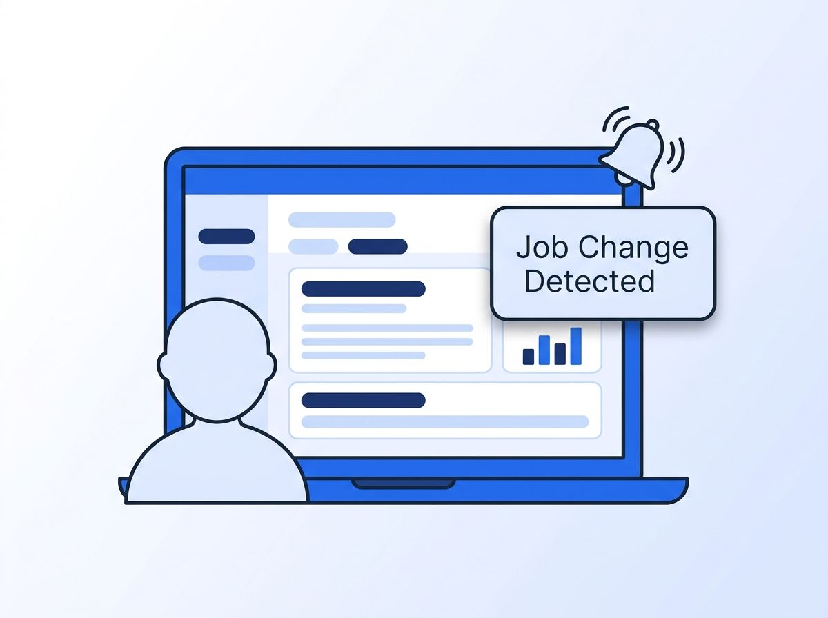 Notification bell pushing a "Job Change Detected" alert onto a sales rep's CRM dashboard