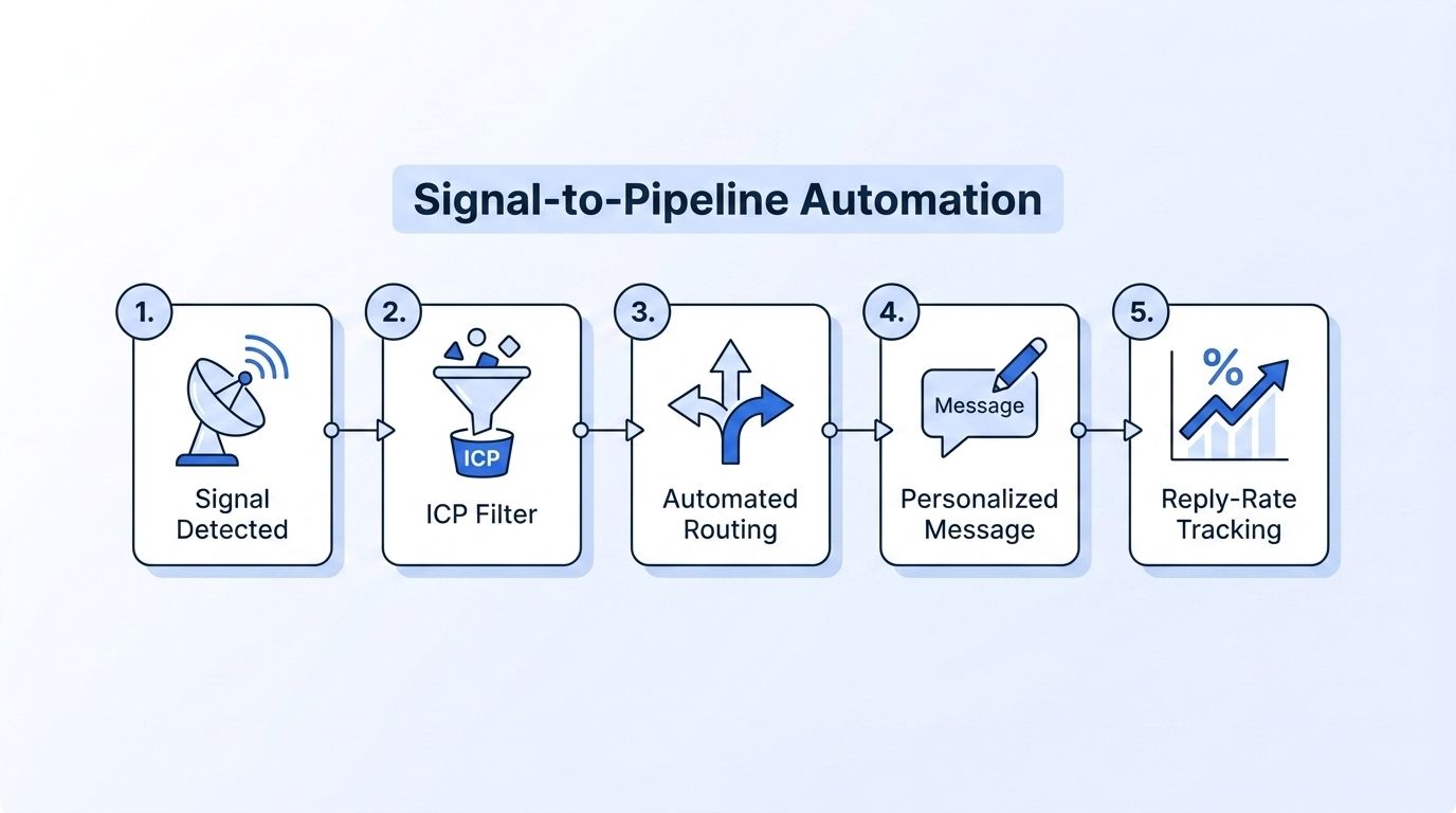 Five-step signal-based selling workflow diagram: signal detected, ICP filter, automated routing, personalized message, and reply-rate tracking