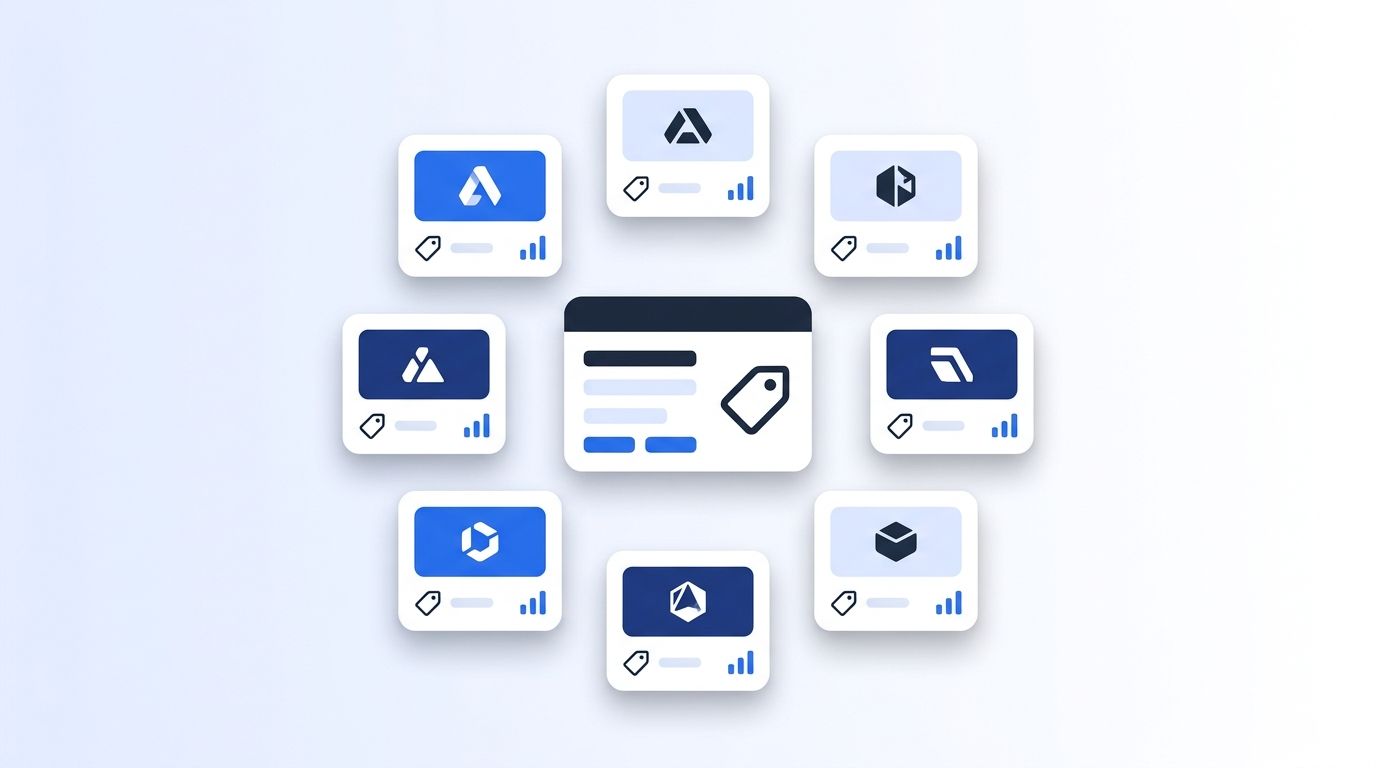 Eight small UI cards representing different sales data platforms arranged around a central Apollo.io-style card, each labeled with a price tag icon, on a light blue gradient background