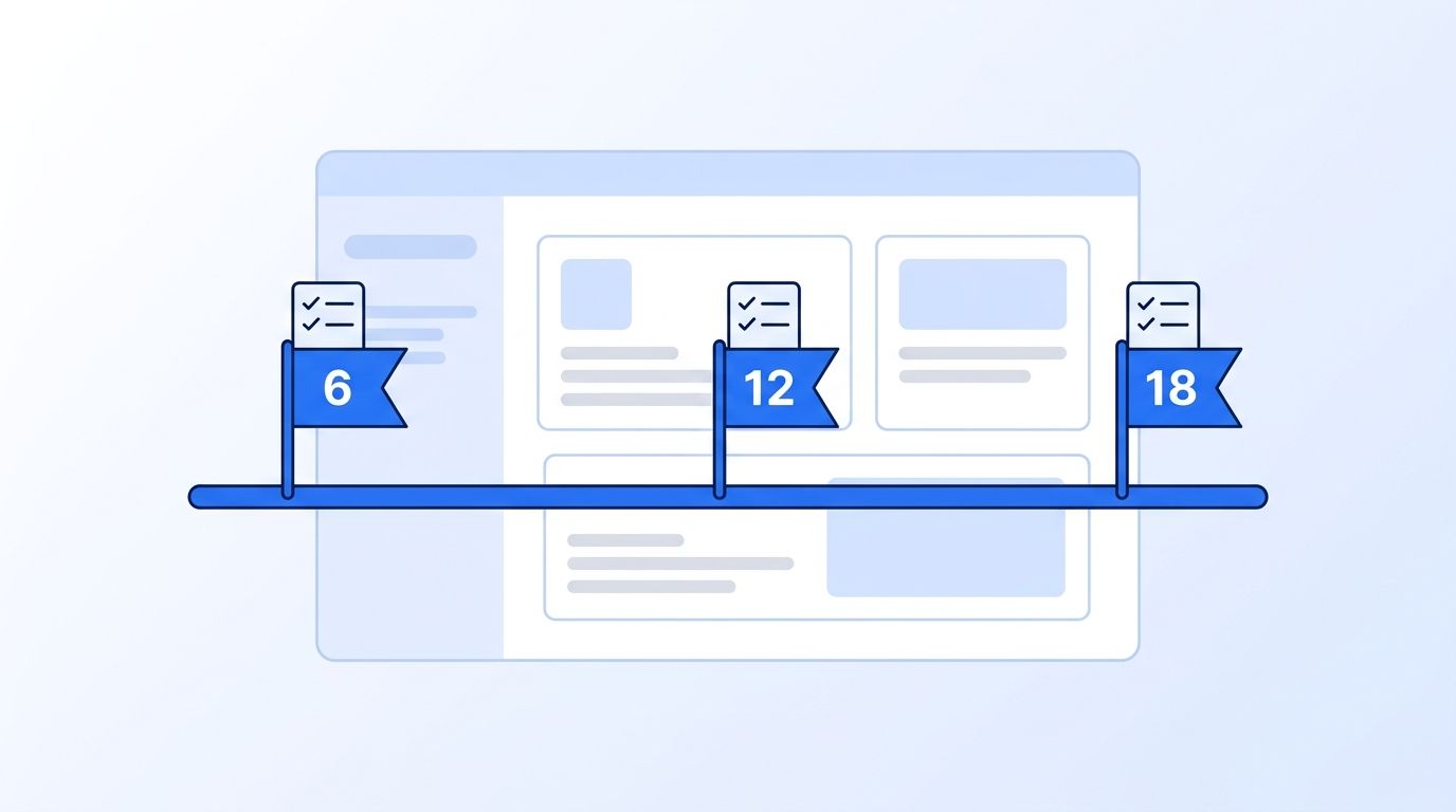 A roadmap timeline graphic marked with three milestone flags labeled 6 months, 12 months, and 18 months
