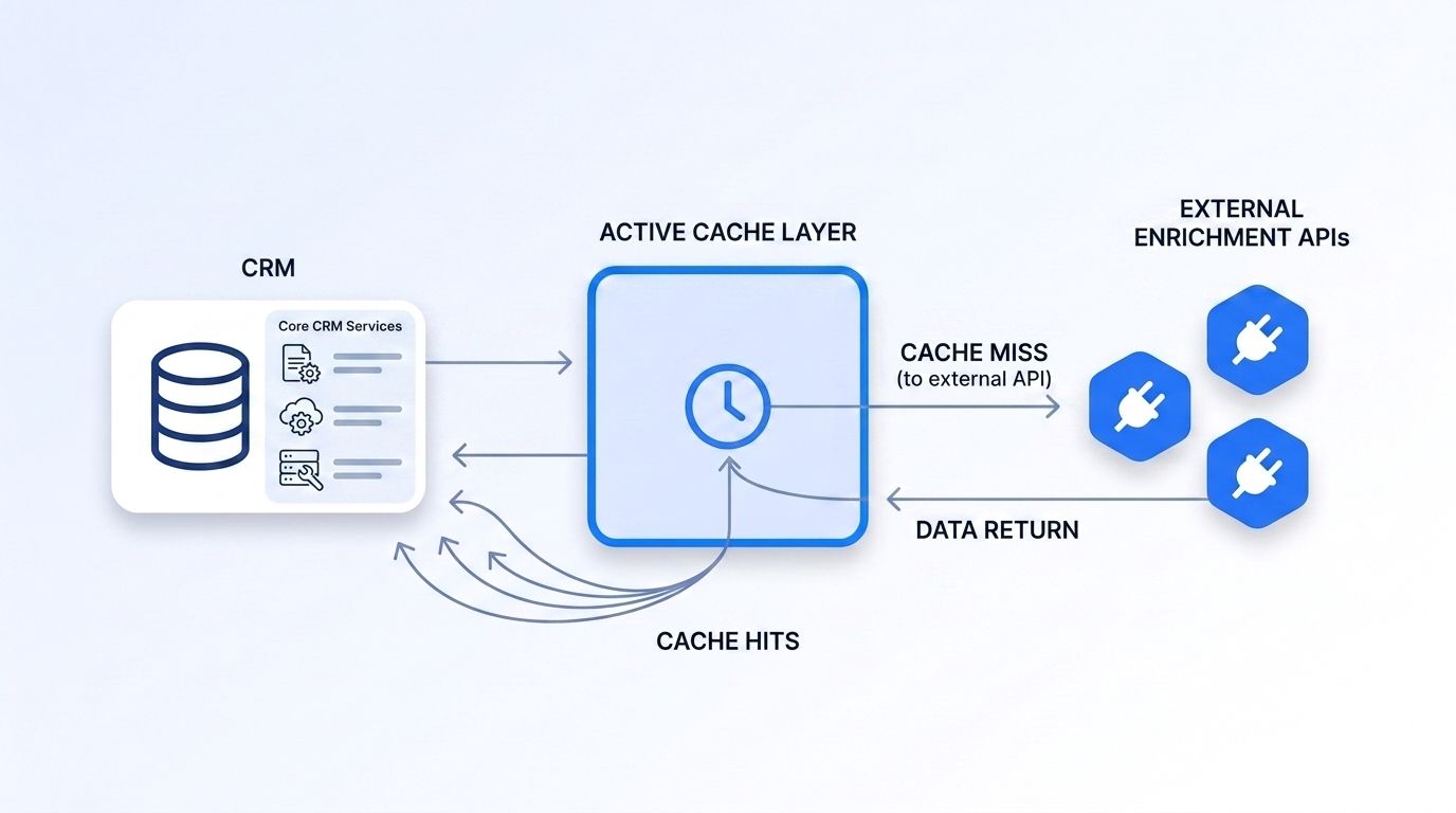 Diagram of a cache layer sitting between a CRM data pipeline and three enrichment APIs, with most requests served from the cache and only a fraction reaching the APIs