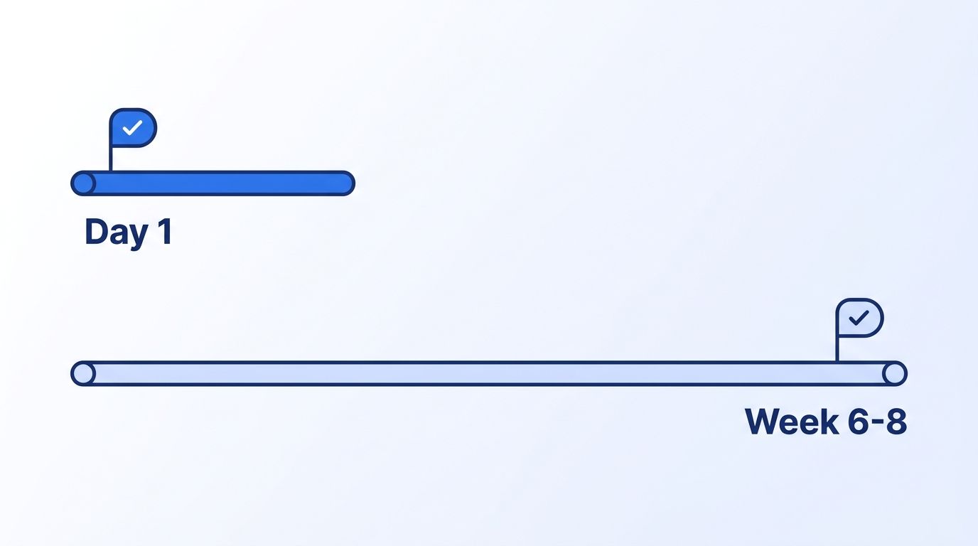 Timeline comparison showing self-serve reaching first value on Day 1 versus a managed service taking Week 6-8
