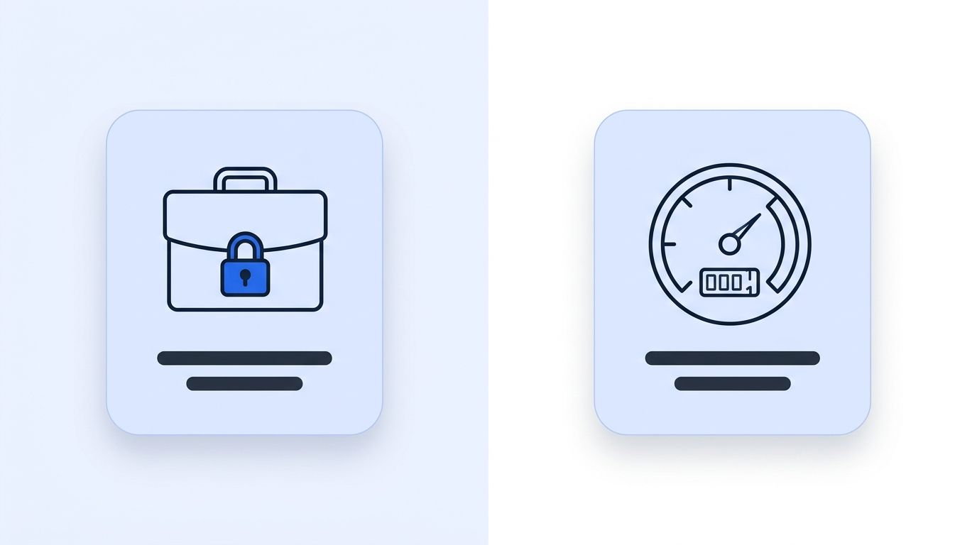 Split-screen illustration of a locked annual contract briefcase next to an open pay-as-you-go credit meter