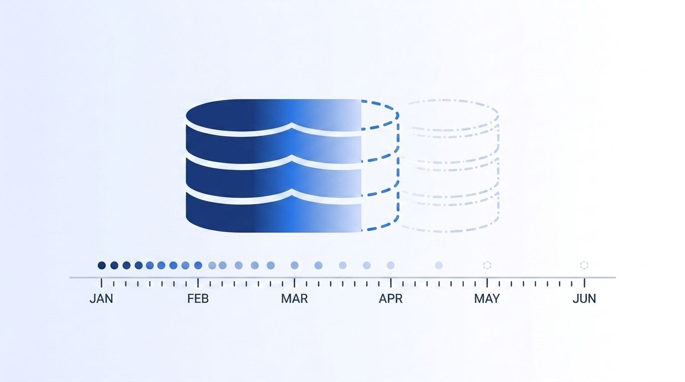 Database icon fading from solid blue to a faint outline over a six-month timeline, illustrating B2B contact data decay