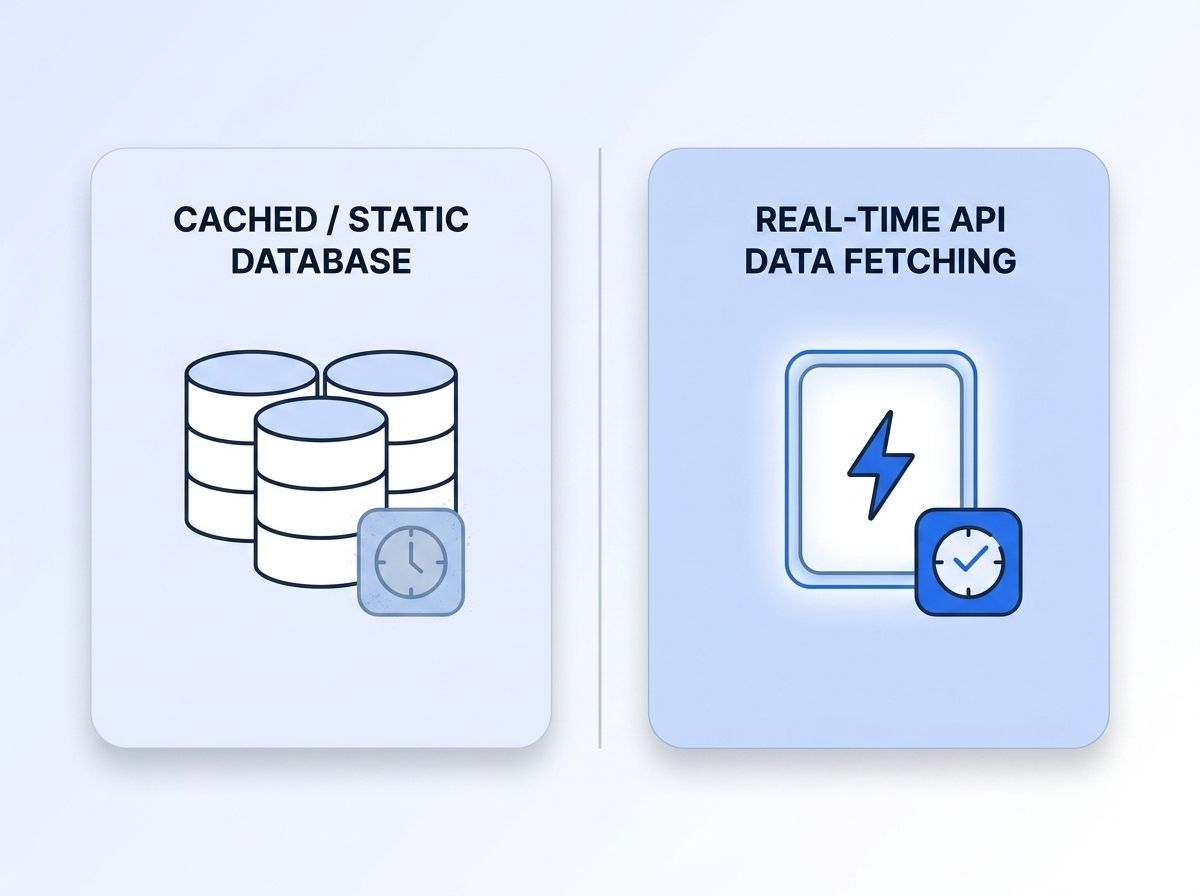 Flat illustration comparing a static database icon against a live API call icon with a clock, representing cached versus real-time enrichment data