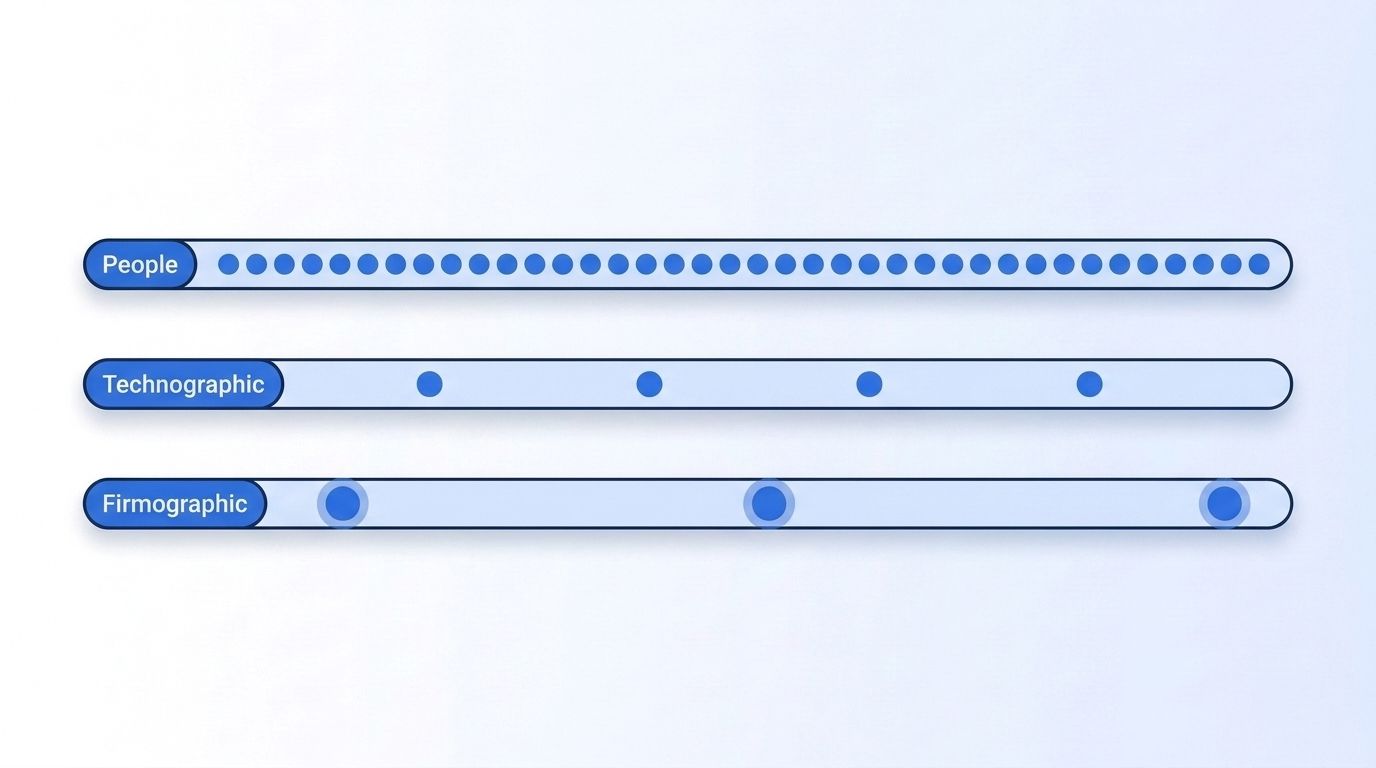 Flat vector timeline comparing decay frequency across people, technographic, and firmographic data