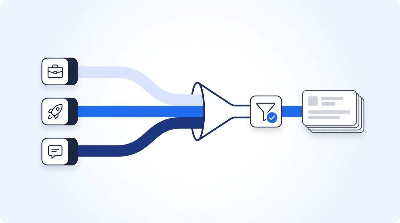 Flat 2D illustration of three signal streams — job change, funding, and engagement — converging into a single scored lead pipeline with an ICP filter