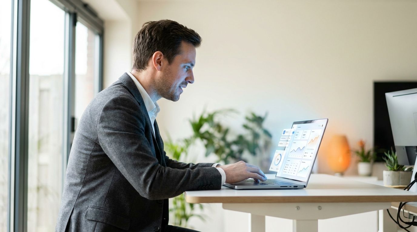 A B2B sales professional reviewing a prospecting dashboard on a laptop during morning outreach